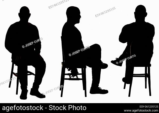 front, back and side view of the silhouette of a man sitting on chair with casual clothes