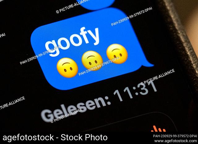 ILLUSTRATION - 29 September 2023, Berlin: In the display of a smartphone, the word ""goofy"" can be read in a chat history