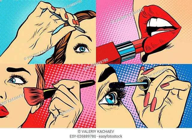 Set of makeup and cosmetic beauty woman, pop art retro vector illustration. Lips, eyes, eyebrows and skin