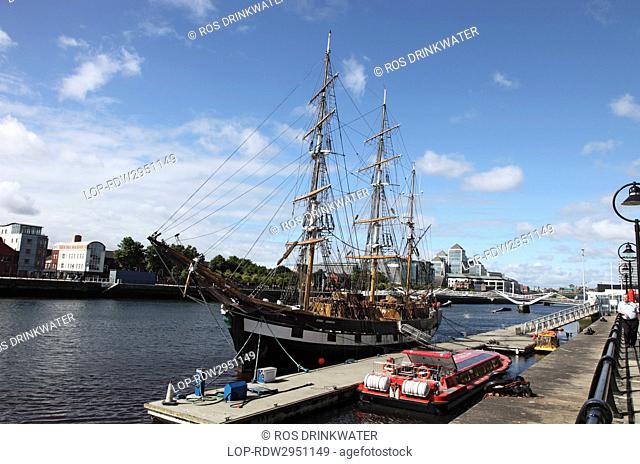 Republic of Ireland, Dublin City, Dublin. Jeanie Johnston Famine Ship Museum on the River Liffey, a replica of the three masted barque which made sixteen...