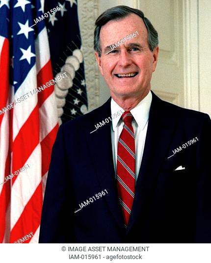 George Herbert Walker Bush born 1924 41st President of the United States 1989–1993. Vice President 1981–1989. Head-and-shoulders portrait with stars-and-stripes...