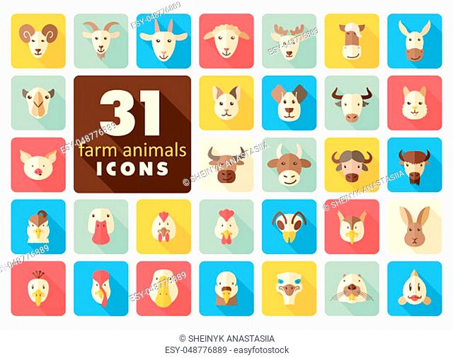 Set of farm animals flat icons. Vector head illustration. eps 10