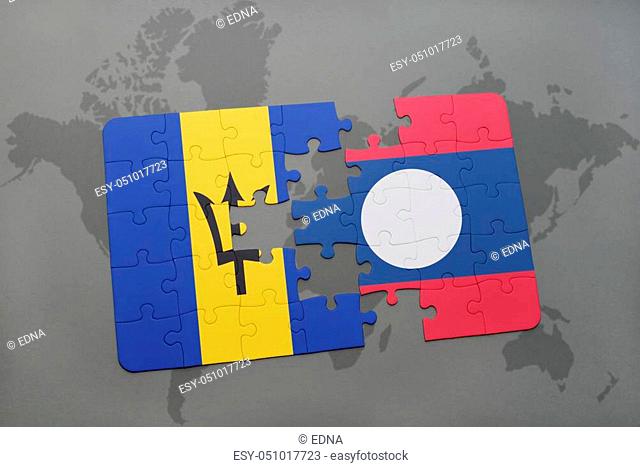 puzzle with the national flag of barbados and laos on a world map background. 3D illustration