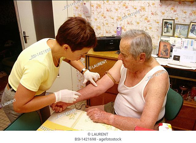 HOME MEDICAL CARE FOR ELDERLY PEOPLE<BR>Photo essay.<BR>Blood sampling