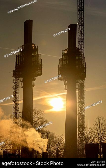 Sunrise, bridge construction site, Magdeburg, Saxony-Anhalt, Germany