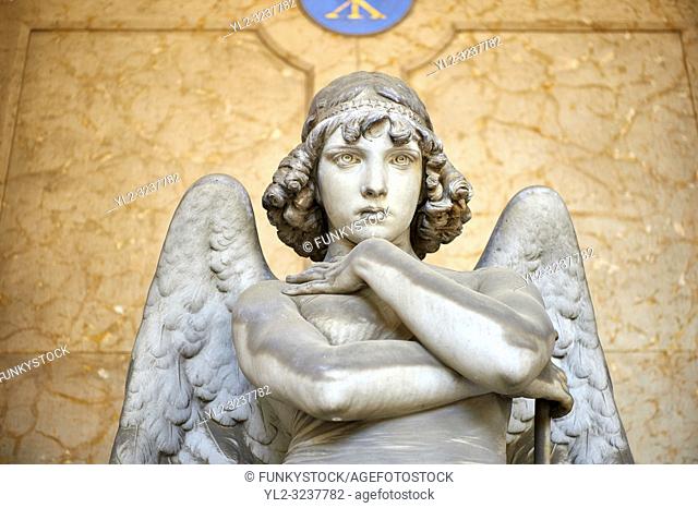 Picture and image of the stone sculpture of an enigmatic angels face in a realistic style. One of the best know csulptures of Staglieno