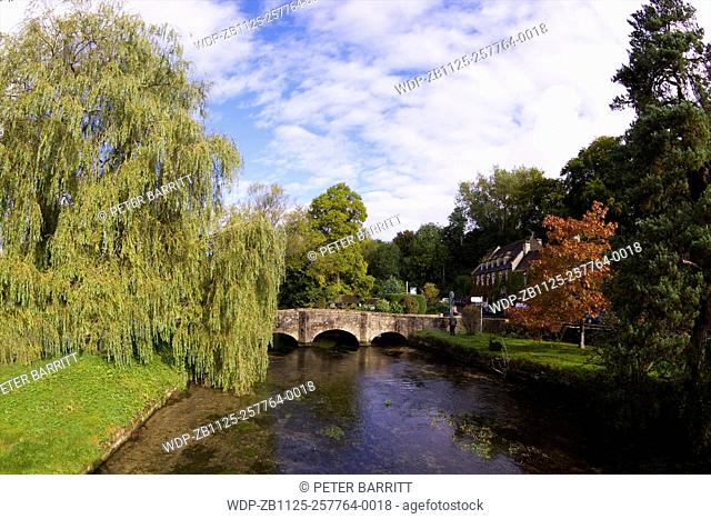 River Coln and Swan Hotel, Bibury, Cotswolds, Gloucestershire, England, UK, GB, Europe