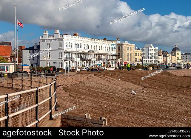 WORTHING, WEST SUSSEX/UK - NOVEMBER 13 : View of buildings along the seafront in Worthing West Sussex on November 13, 2018. Unidentified people