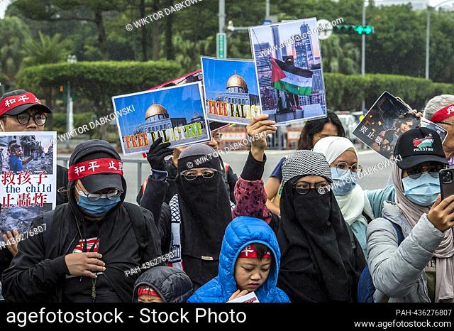 Pro Palestine activists join demonstrators march along Zhongshan South Road near Liberty Square, President Office as well as Foreign Affairs Ministry in Taipei