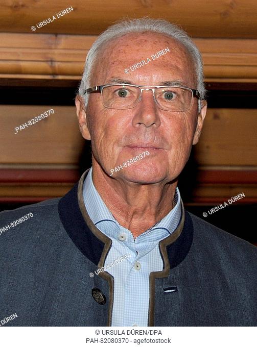 Football legend Franz Beckenbauer poses at the get-together of the Bavarian evening in the context of the 29th Kaiser Cup golf tournament of the...