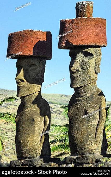 Ahu Nao-Nao Moais with red hat, Anakena, Rapa Nui National Park, Easter Island, Chile, Unesco World Heritage Site, South America