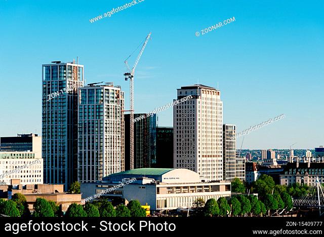 London, UK - May 14, 2019: The Royal Festival Hall and buildings under construction in the South Bank of the city of London