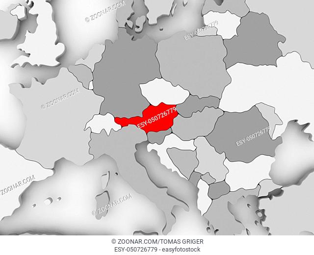 Austria in red on grey political map. 3D illustration