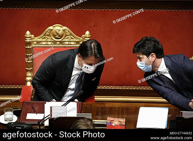 Italian Prime Minister Giuseppe Conte and Italian Health Minister Roberto Speranza, both wearing masks during the session in the Senate Hall for communications...