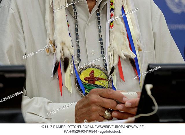 United Nations, New York, USA, August 09 2017 - Grand Chief Wilton Littlechild, a Cree Chief from Canada, addresses a Press Conference on the tenth anniversary...