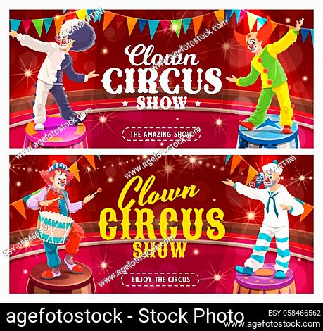 Circus clown cartoon vector banners of carnival show joker characters on circus arena with funny wigs, cute faces and comedy costumes