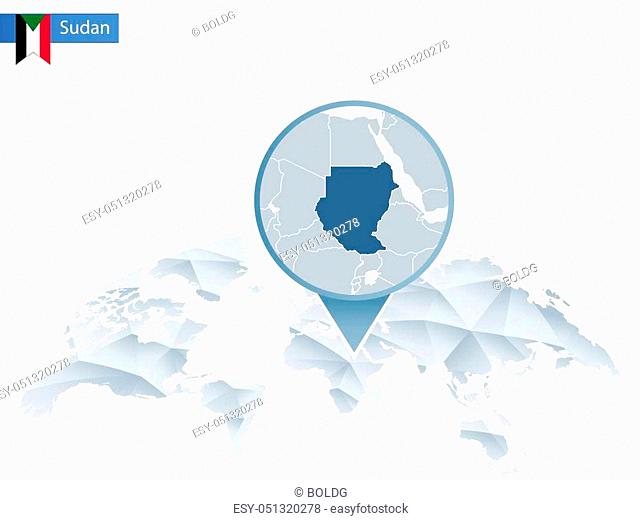 Abstract rounded World Map with pinned detailed Sudan map. Vector Illustration
