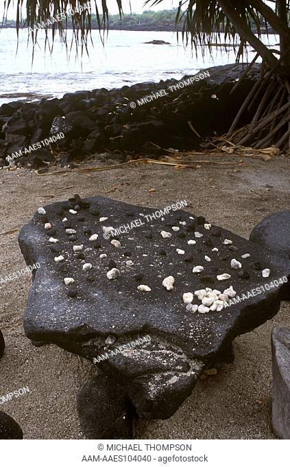 Pu'uhonua o honaunau NHP, Big Island, Hawaii: Carved Stone Gameboard for Konane, Hawaiian Checkers