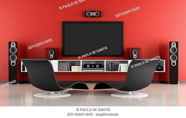 Red and black Contemporary home cinema - 3d rendering