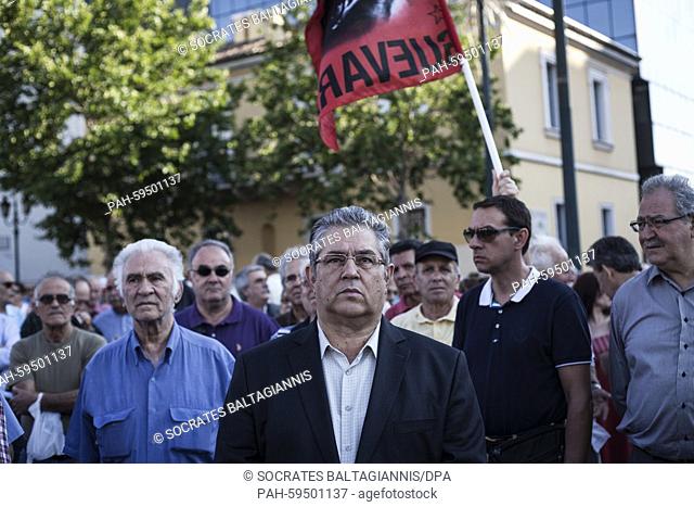Dimitris Koutsoumpas (C), General Secretary of the Communist Party of Greece participates in an anti-austerity protest organized by pensioners unions in Athens