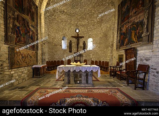 Interior of the Roda de Isábena cathedral seen from the altar (Ribagorza, Huesca, Aragon, Spain, Pyrenees)