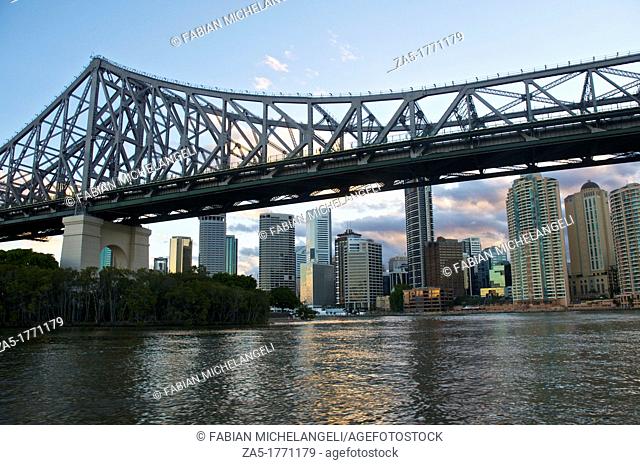 Highrise buildings in the business district in downtown Brisbane, passing under the Story bridge, QLD, Australia