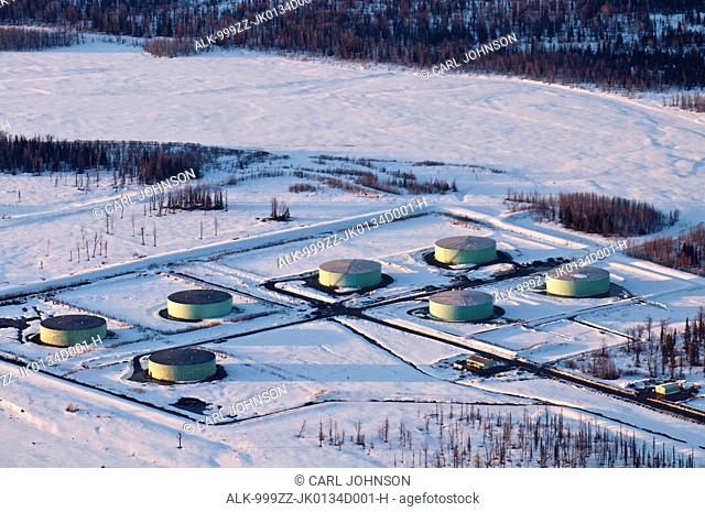 Aerial winter view of the Drift River oil terminal, located near the shores of Trading Bay in Cook Inlet, Southcentral Alaska, Winter