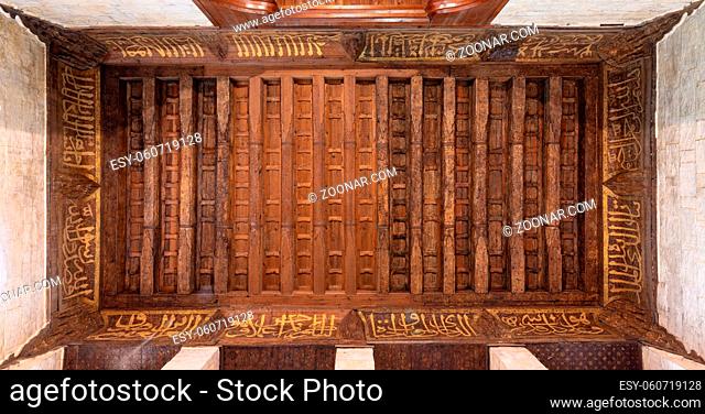 Wooden ornate ceiling with floral pattern decorations at Sultan al Ghuri Mausoleum, Cairo, Egypt