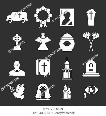 Funeral ritual service icons set white isolated on grey background