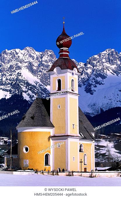 Austria, Tyrol, typical village with a small church in Baroque Style between Kufstein and Kitzbuhel