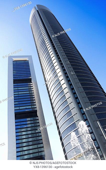 View from below of Caja Madrid Tower and Sacyr Vallehermoso Tower, located in Cuatro Torres Business Area of Madrid, Comunidad de Madrid, Spain, Europe
