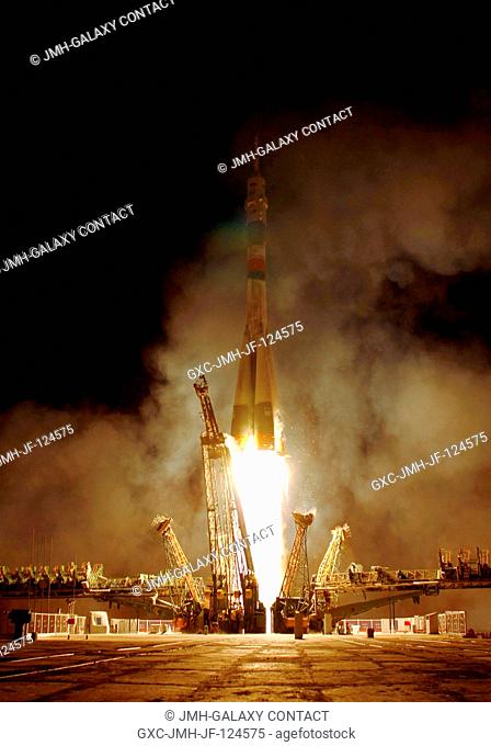 The Soyuz TMA-01M rocket launches from the Baikonur Cosmodrome in Kazakhstan (Oct. 7 in the U.S., Oct. 8 in Kazakhstan) carrying Expedition 25 crew members --...