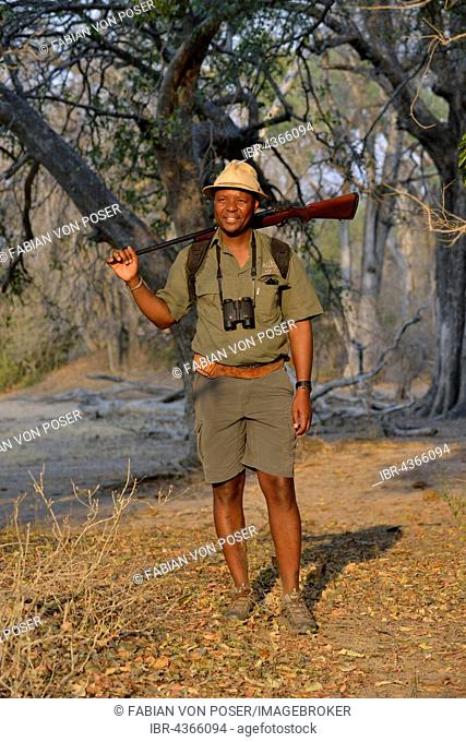 Armed park ranger, hiking guide, Mana Pools National Park, Mashonaland West Province, Zimbabwe