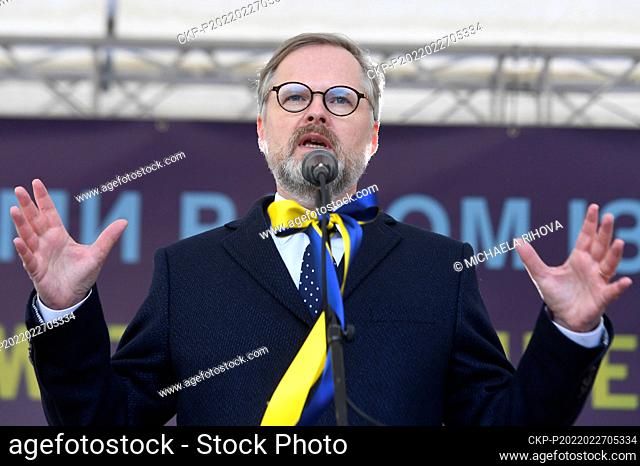 Czech Prime Minister Petr Fiala speaks during a demonstration against Russian invasion to Ukraine at the Wenceslas square in Prague, Czech Republic, February 27