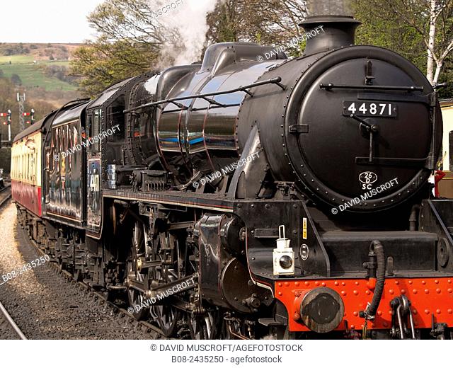 vintage steam locomotive 44871 LMS at Grosmont station, on The North Yorkshire Moors Railway, Yorkshire, UK