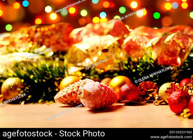 New year theme decorations with focus on fir cones