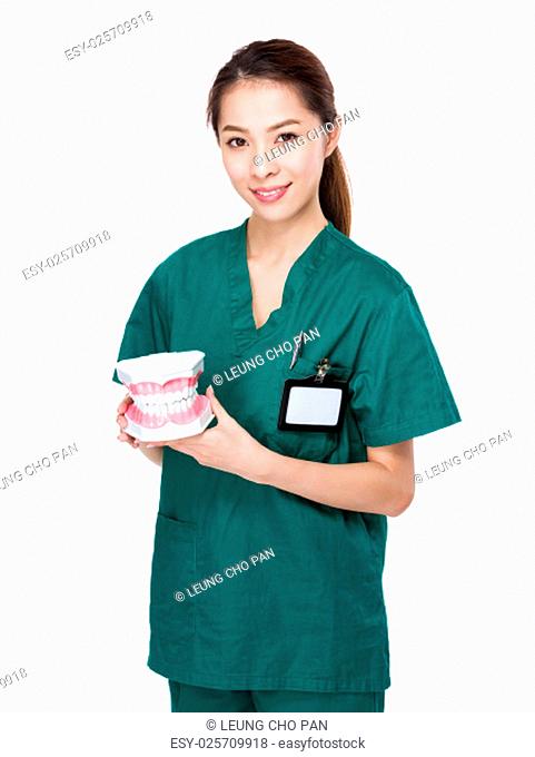 Dentist hold with plastic denture for showing other