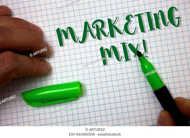 Conceptual hand writing showing Marketing Mix Motivational Call. Business photo text Actions to promote brand product in market Box background pen cap marker...