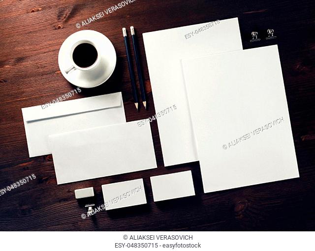 Blank branding mock-up. Business stationery set on wooden background. Flat lay