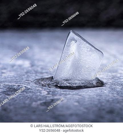 Melting ice cube in close up. Concept of cold temperature, water and change