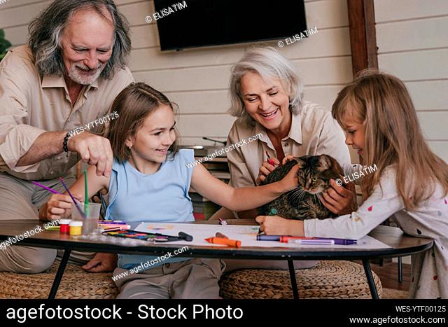 Grandparents and grandchildren playing with cat at home