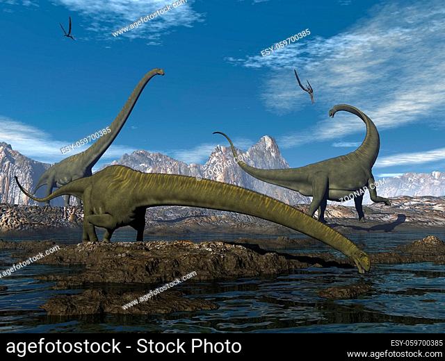Mamenchisaurus dinosaur walk and drink by day - 3D render