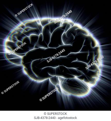 Diagram of the human brain emanating light beams