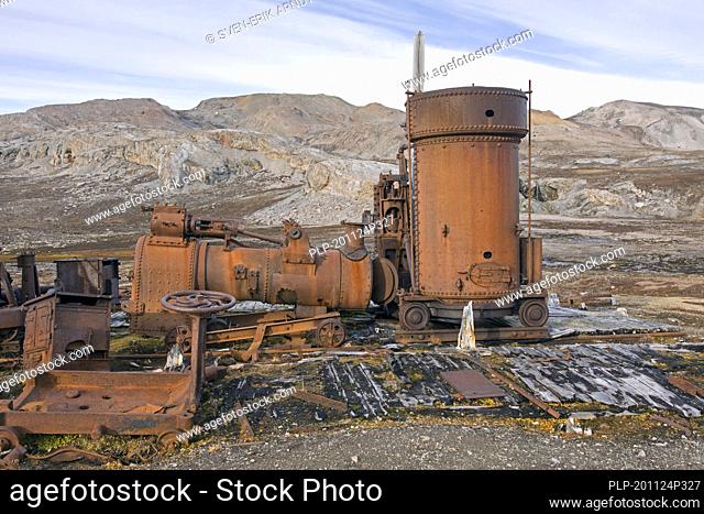 Steam engine at abandoned marble quarry Camp Mansfield / Ny London near Ny-Alesund, Blomstrandhalvøya, Kongsfjorden, Svalbard / Spitsbergen, Norway