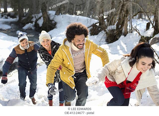 Friends playing in snow