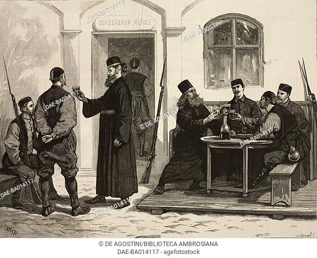 Soldiers and Orthodox priests toasting during the armistice, Ivanitza, Balkan uprisings, illustration from the magazine The Graphic, volume XIV, no 359