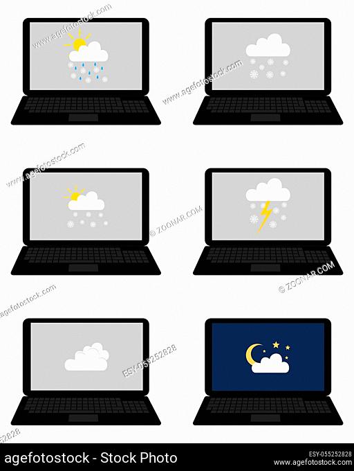 Verschiedene Wettersymbole auf Laptop - Various weathers symbols on laptop