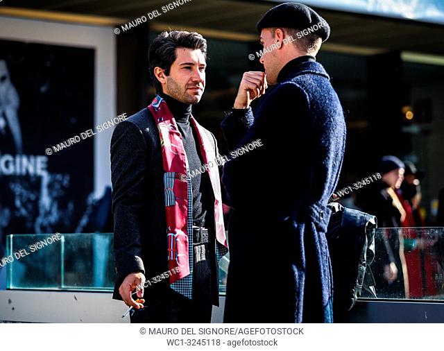 FLORENCE, Italy- January 11 2019: Filippo Fiora and Filippo Cirulli on the street during the Pitti 95