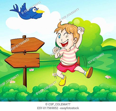 A boy beside a wooden arrow and the blue bird