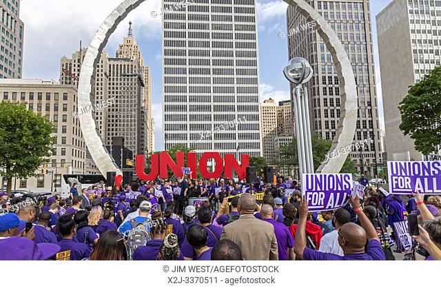 Detroit, Michigan - Security guards at downtown buildings owned by businessman Dan Gilbert rally at the Labor Legacy monument as part of their campaign for a...